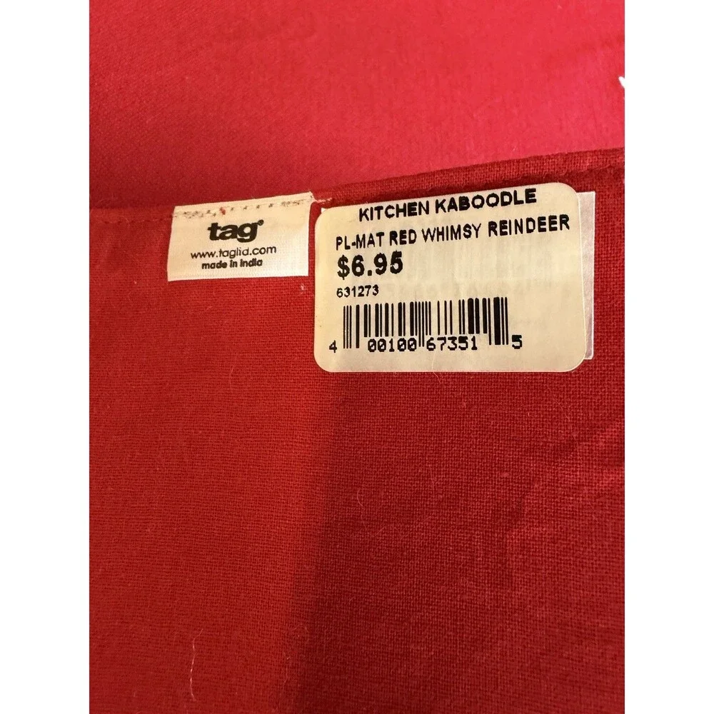 Tag Brand Christmas Red Placemats Reindeer Design 100% Cotton Set Of 2